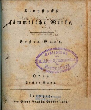 Klopstocks sämmtliche Werke, 1. Oden
