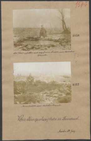 Mit Wasser gefüllter und zugefrorener Trichter einer deutschen Granate