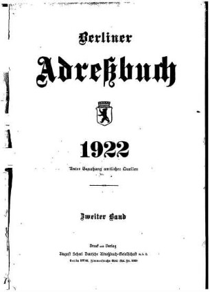 Berliner Adreßbuch 1922 Zweiter Band