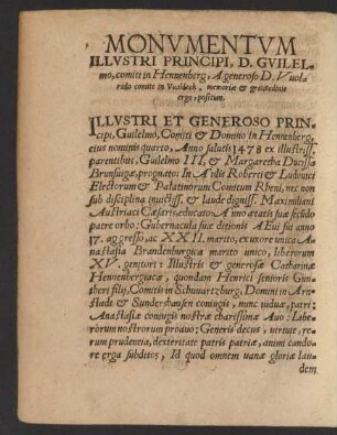 Monumentum Illustri Principi, D. Guilelmo, comiti in Hennenberg ...