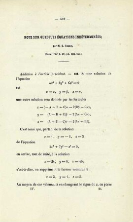 Note sur quelques équations indéterminées.