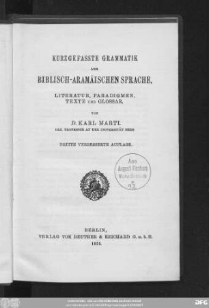 Kurzgefasste Grammatik der biblisch-aramäischen Sprache, Literatur, Paradigmen, Texte und Glossar