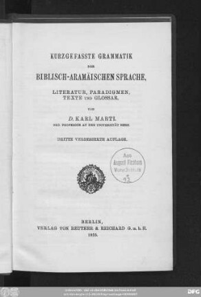 Kurzgefasste Grammatik der biblisch-aramäischen Sprache, Literatur, Paradigmen, Texte und Glossar
