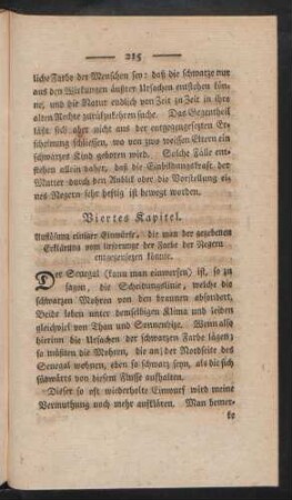 Viertes Kapitel. Auflösung einiger Einwürfe, die man der gegebenen Erklärung vom Ursprunge der Farbe der Negern entgegensezen könnte.