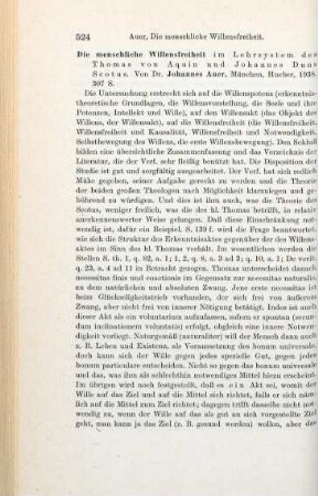 524-525 [Rezension] Auer, Johann, Die menschliche Willensfreiheit im Lehrsystem des Thomas von Aquin und Johannes Duns Scotus