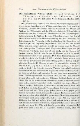 524-525 [Rezension] Auer, Johann, Die menschliche Willensfreiheit im Lehrsystem des Thomas von Aquin und Johannes Duns Scotus