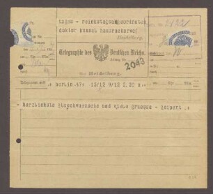 Glückwunschtelegramm von Geipert, Berlin, an Hermann Hummel, 1 Telegramm