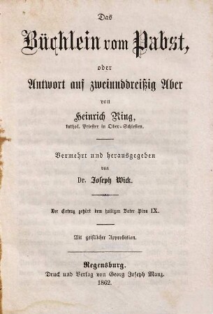 Das Büchlein vom Pabst, oder Antwort auf zweiunddreißig Aber