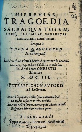 Hieremias : Tragoedia sacra: qua totum, fere, Ieremiae prophetae curriculum continetur