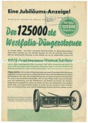 Eine Jubiläums-Anzeige! Der 125000ste Westfalia-Düngerstreuer