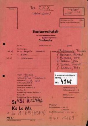 Strafverfahren gegen Friedrich Boßhammer (*20.12.1906, +17.12.1972) u.a. wegen der Beihilfe zum Mord im Rahmen der "Endlösung der Judenfrage", insbesondere aufgrund der Deportation und Ermordung von mindestens 3336 Juden aus Italien, die er als Leiter des Judenreferats IV B 4 des BdS (Befehlshaber der Sicherheitspolizei und des SD) in Verona ab 1944 als Mittäter durchführte