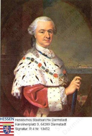 Karl Theodor Kurfürst v. Bayern (1724-1799) / Porträt in Medaillon vor Landschaftshintergrund mit Fluss stehend, Halbfigur