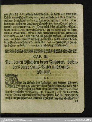 Cap. III. Von denen Pflichten derer Zuhörer, besonders derer Haus-Väter und Haus-Mütter