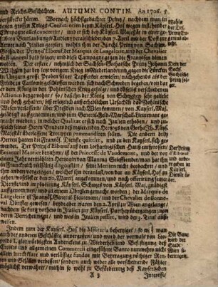 [Relationis Historicae Semestralis Autumnalis Continuatio] : [Jacobi Franci Historische Beschreibung der denckwürdigsten Geschichten, so sich in Hoch- und Nieder-Teutschland ... vor und zwischen jüngst verflossener Franckfurter Oster-Meß 1706. biß an die Herbst-Meß dieses lauffenden 1706. Jahrs, hin und wieder in der Welt, zu Land und zu Wasser zugetragen]