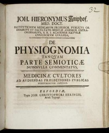 De Physiognomia Tanquam Parte Semioticæ Nonnulla Commentatus : Medicinae Cultores Ad Audiendas Praelectiones Publicas Perhumaniter Invitat