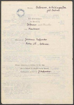 Fragebogen und 10 Karten Ölbronn-Dürrn, mit Kleinvillars und Bauschlott, OA Maulbronn (Kreis Vaihingen, Enzkreis)