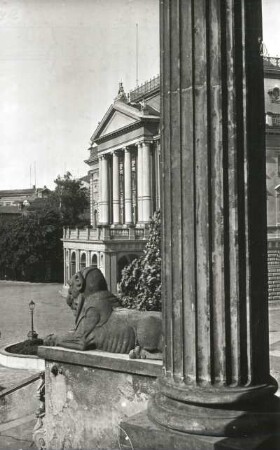 Schwerin, Alter Garten : Schwerin. Alter Garten. Blick vom liegenden Löwen an der Freitreppe des Staatlichen Museums zum Mecklenburger Staatstheater