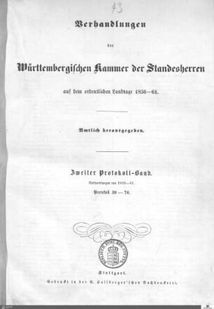 2,8: Landtag Württemberg - Kammer 1, Protokolle 1856-1861, Bd. 2