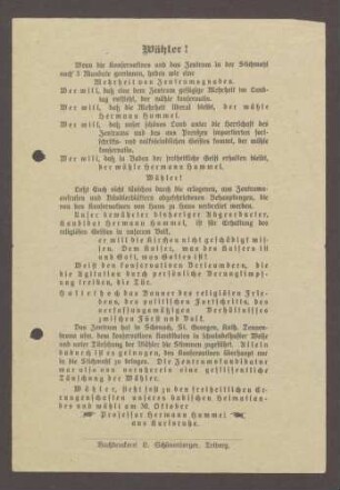 Flugblatt: "Wähler! Wenn die Konservativen... Professor Hermann Hummel", Fortschrittliche Volkspartei, 1913, Buchdruckei L Schönenberger, Triberg