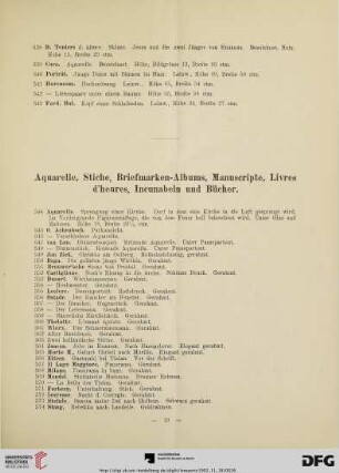 Aquarelle, Stiche, Briefmarken-Albums, Manuscripte, Livres d´heures, Incunabeln und Bücher (Nr. 344-528)