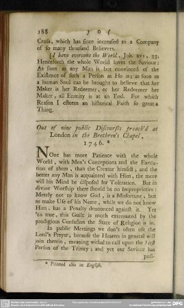 Out of nine public Discourses preach'd at London in the Brethren's Chapel, 1746