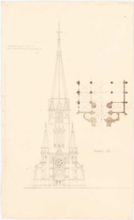 Kirche: Grundriss und Aufriss der Turmseite