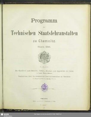 1888: Programm der Technischen Staatslehranstalten zu Chemnitz