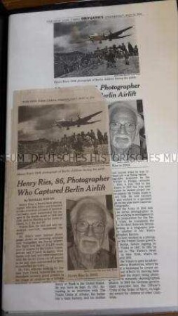 Mappe mit Zeitungsausschnitten, Computerausdrucken und Briefen zum Tod von Henry Ries und zur Enthüllung einer Gedenktafel an seinem Geburtshaus - Nachlass
