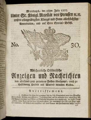 No. 30. Montags, den 28ten July 1777.
