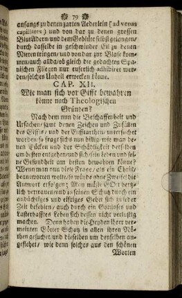 Cap. XII. Wie man sich vor Gifft bewahren könne nach Theologischen Gründen?