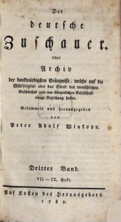 Der deutsche Zuschauer. 3. 1785 = H. 7 - 9