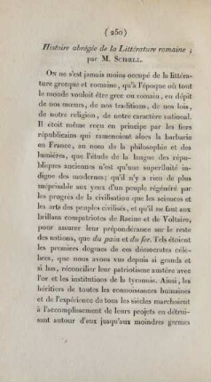 Histoire abrégée de la Littérature romaine; par M. Schoell