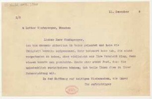Brief an Lothar Windsperger : 11.12.1918