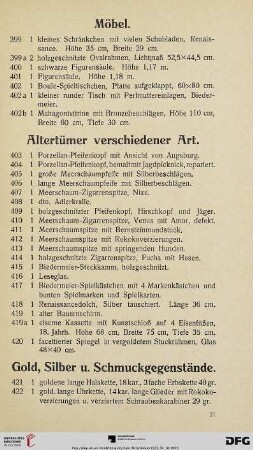 Gold, Silber u. Schmuckgegenstände (Nr. 421-467a)