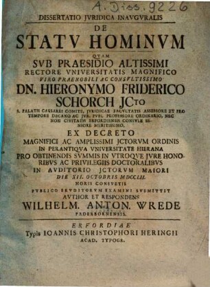 Dissertatio Jvridica Inavgvralis De Statv Hominvm