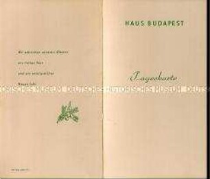 Speisekarte des Restaurants "Haus Budapest" in Berlin zu Weihnachten 1967