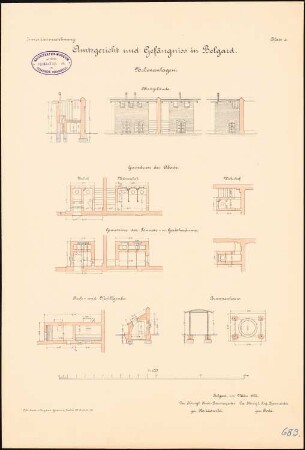 Amtsgerichts- und Gefängnisgebäude, Belgard: Nebenanlagen. Aborte: Grundrisse Querschnitt Ansichten 1:100, Asch- und Müllgrube: Grundriss Querschnitt 1:100, Brunnenhaus: Grundriss Querschnitt 1:100