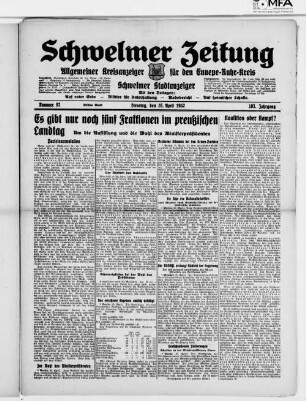 Schwelmer Zeitung : allgemeiner Kreisanzeiger für den Ennepe-Ruhr-Kreis : Schwelmer Stadtanzeiger