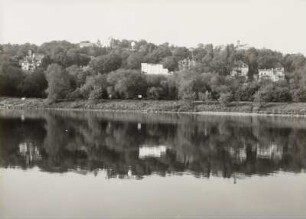 Dresden-Loschwitz. Blick vom Blasewitzer Ufer über die Elbe gegen Oberloschwitz mit Sternwarte und Gaststätte "Luisenhof"