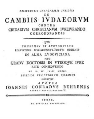 De cambiis Iudaeorum contra cridarium Christianum iureiuando corroborandis / Johann Konrad Behrends
