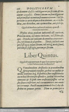 Liber Quintus. Quod est argumentum & quae sunt partes Quinti Libri Politicorum Aristotelis?