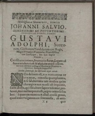 Nobilissimo ac Strenuo viro, Domino Johanni Salvio [...] Domini Gustavi Adolphi, Suecorum, Gothorum Vandalorumque Regis [...]