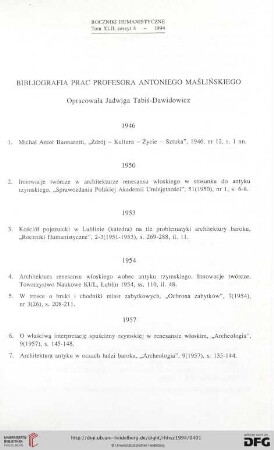 42: Bibliografia prac Profesora Antoniego Maślińskiego