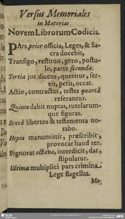 Versus Memoriales in Materias Novem Librorum Codicis