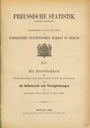Die Sterblichkeit nach Todesursachen und Altersklassen der Gestorbenen im Preußischen Staate : während d. Jahres ... 1886 (1888) = H. 95 [d. Gesamtw.]