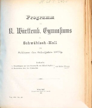 Programm des Königlichen Gymnasiums zu Schwäb. Hall : Schuljahr ..., 1878/79