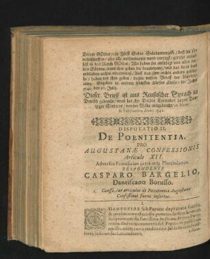 Disputatio II.De Poenitentia. Pro Augustanae Confessionis Articulo XII. ... Respondente Casparo Bargelio, Dantiscano Borusso