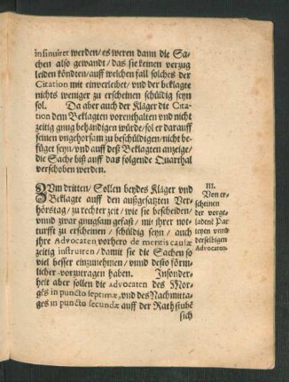 III. Von erscheinen der vorgeladenen Parteyen unnd derselbigen Advocaten.