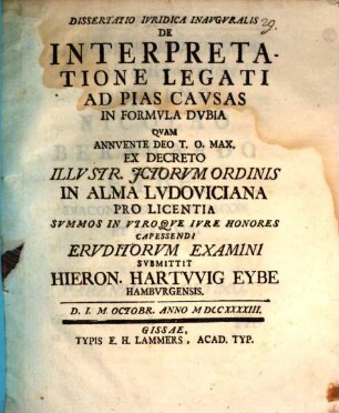 Diss. iur. inaug. de interpretatione legati ad pias causas in formula dubia