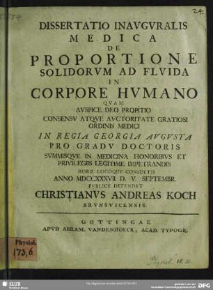 Dissertatio Inauguralis Medica De Proportione Solidorum Ad Fluida In Corpore Humano